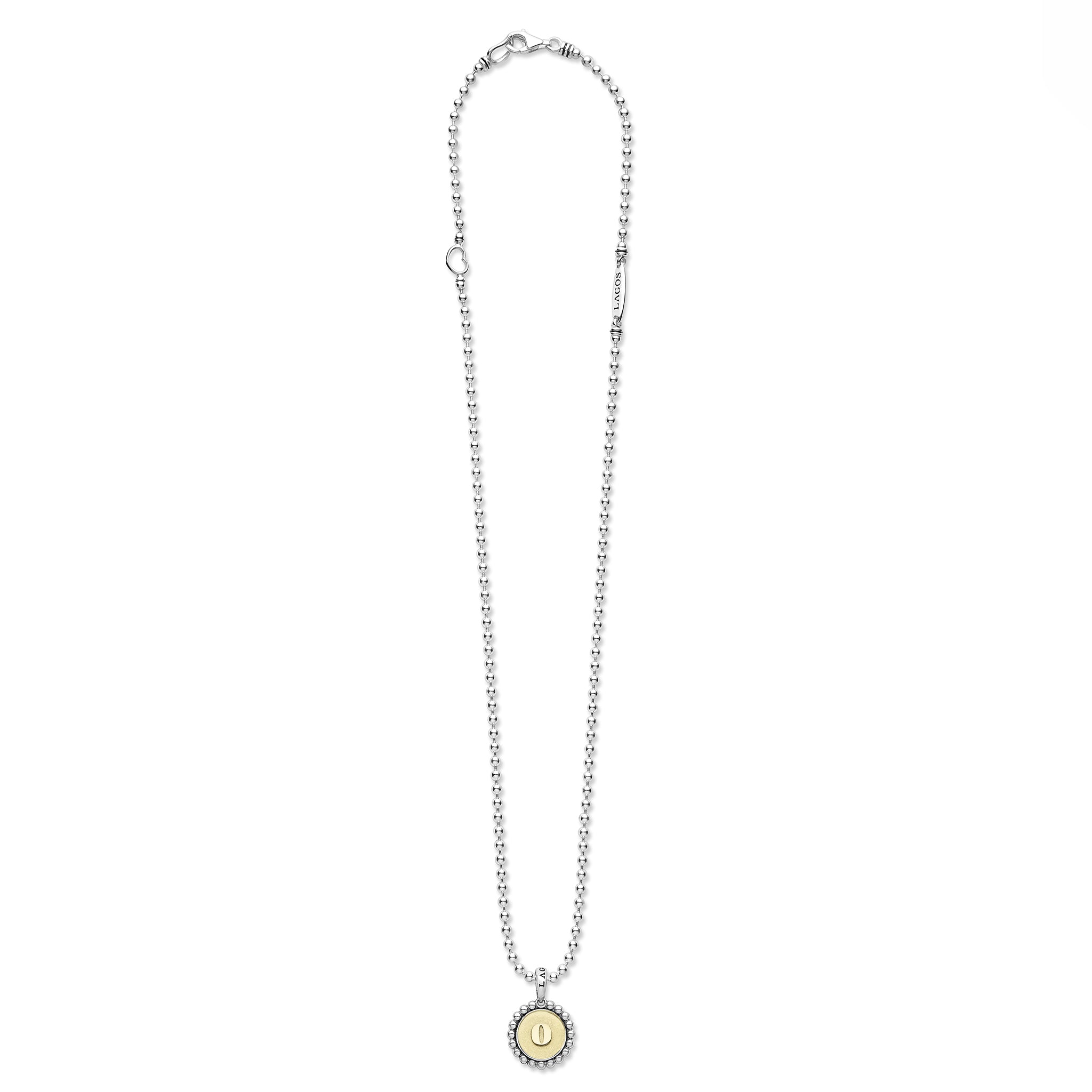 Signature Caviar O Initial Charm Necklace by Lagos, featuring sterling silver beads, 18K gold medallion with O engraving, and caviar beading, secured with lobster-claw clasp.