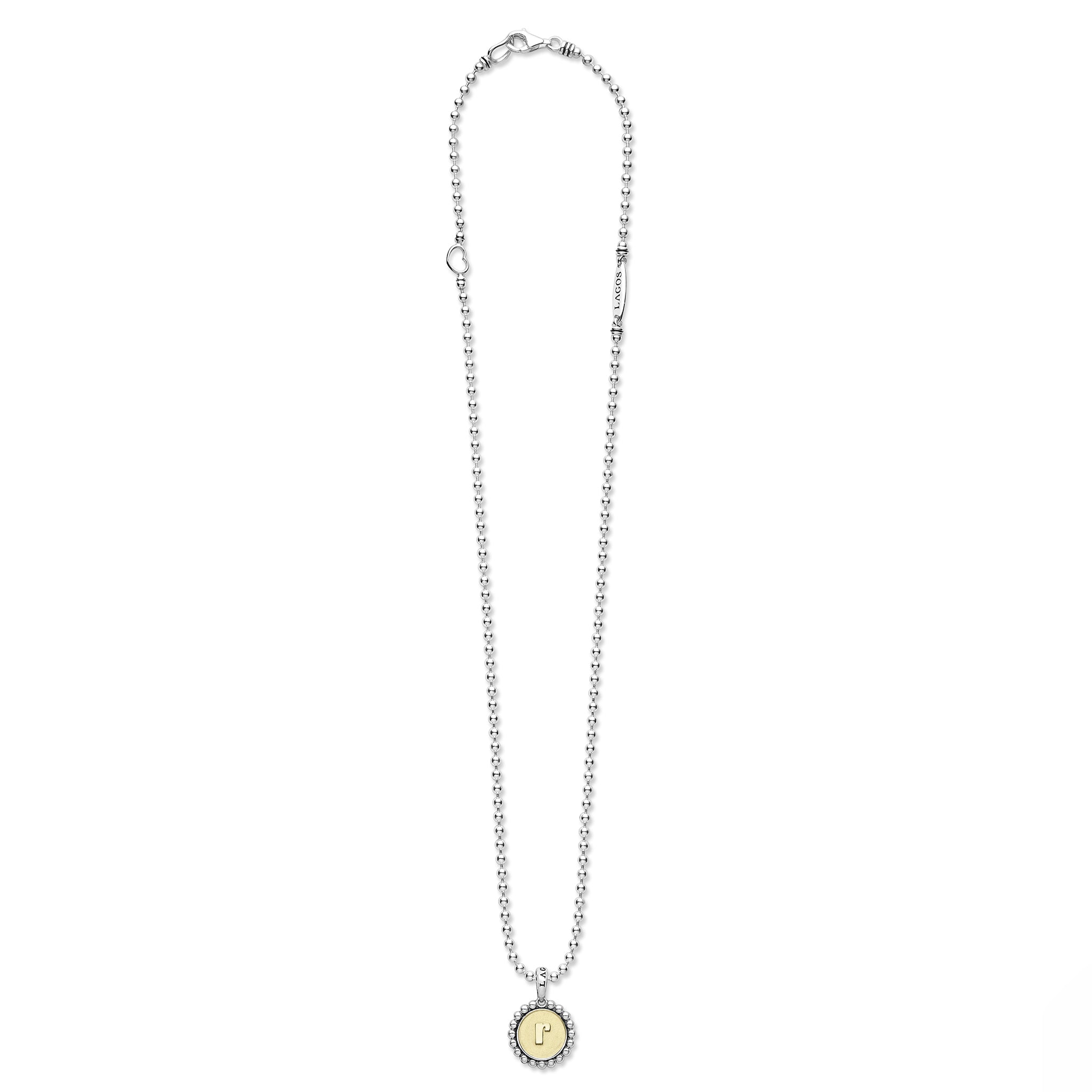 Signature Caviar R Initial Charm Necklace with sterling silver bead chain, 18K gold disc with “r” initial, and lobster-claw clasp. Elegant LAGOS craftsmanship.