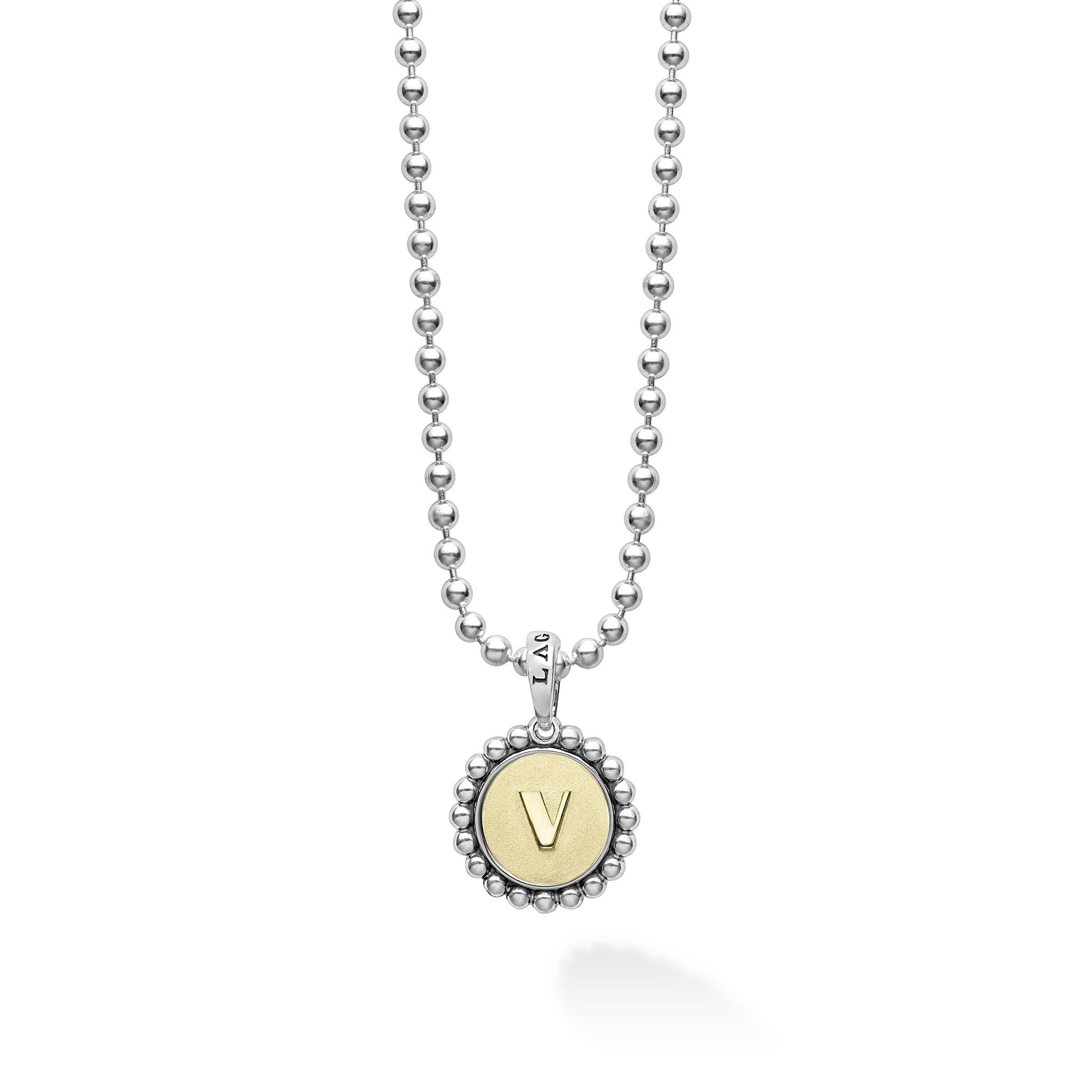 Our Signature Caviar sterling silver and 18K gold initial 'V' charm finished on a sterling silver ball chain necklace.