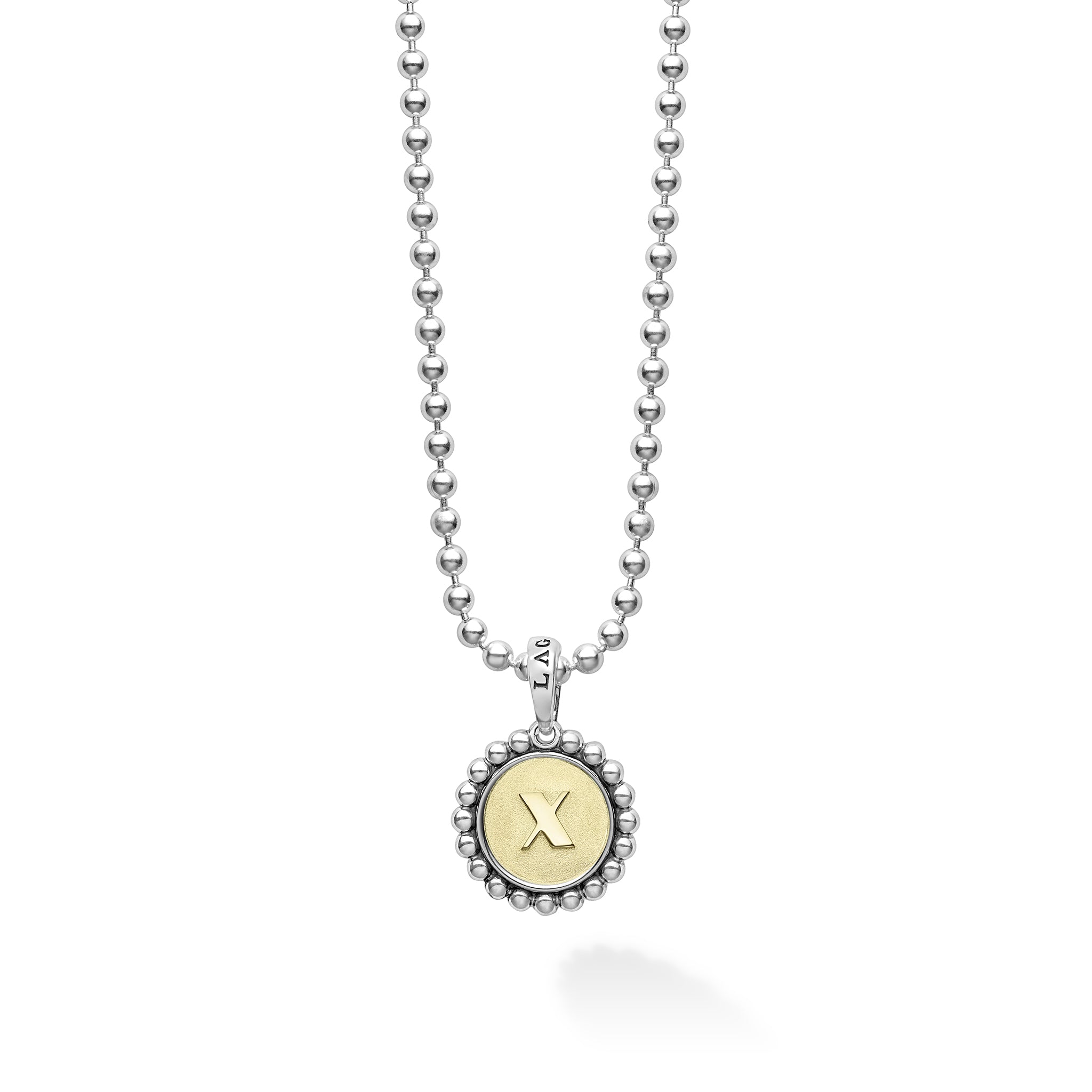 Signature Caviar X Initial Charm Necklace featuring a two-tone pendant with a raised X on a sterling silver ball chain, crafted in sterling silver and 18K gold.