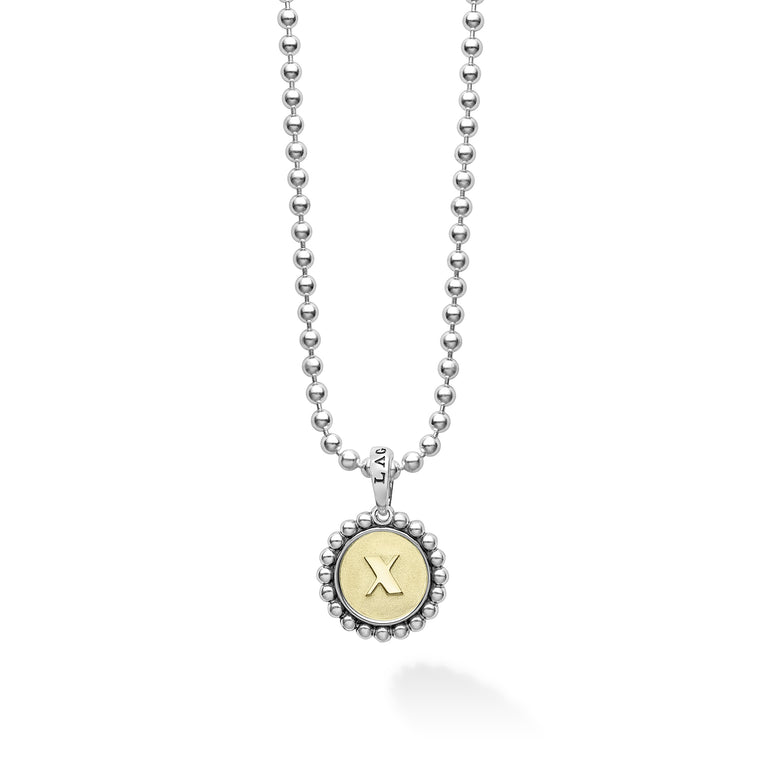Signature Caviar X Initial Charm Necklace featuring a two-tone pendant with a raised X on a sterling silver ball chain, crafted in sterling silver and 18K gold.
