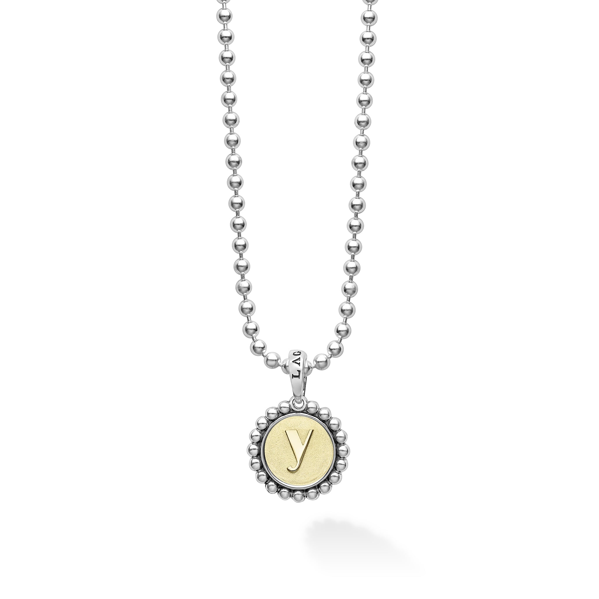 Our Signature Caviar sterling silver and 18K gold initial 'Y' charm finished on a sterling silver ball chain necklace.