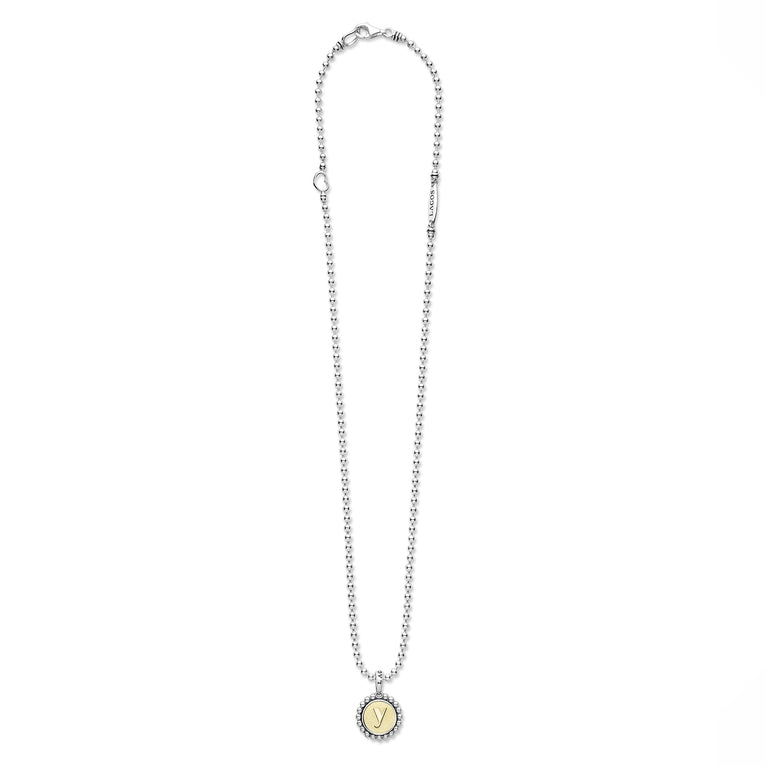 Signature Caviar Y Initial Charm Necklace featuring sterling silver beads, an 18K gold-engraved Y pendant, and LAGOS's signature caviar beading on a fine chain.