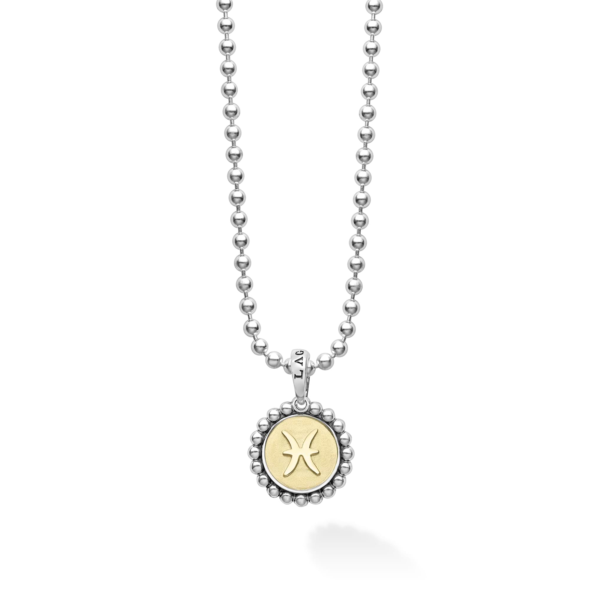 Our Signature Caviar sterling silver and 18K gold Pisces charm finished on a sterling silver ball chain necklace. This zodiac charm represents birthdays from February 19 to March 20.