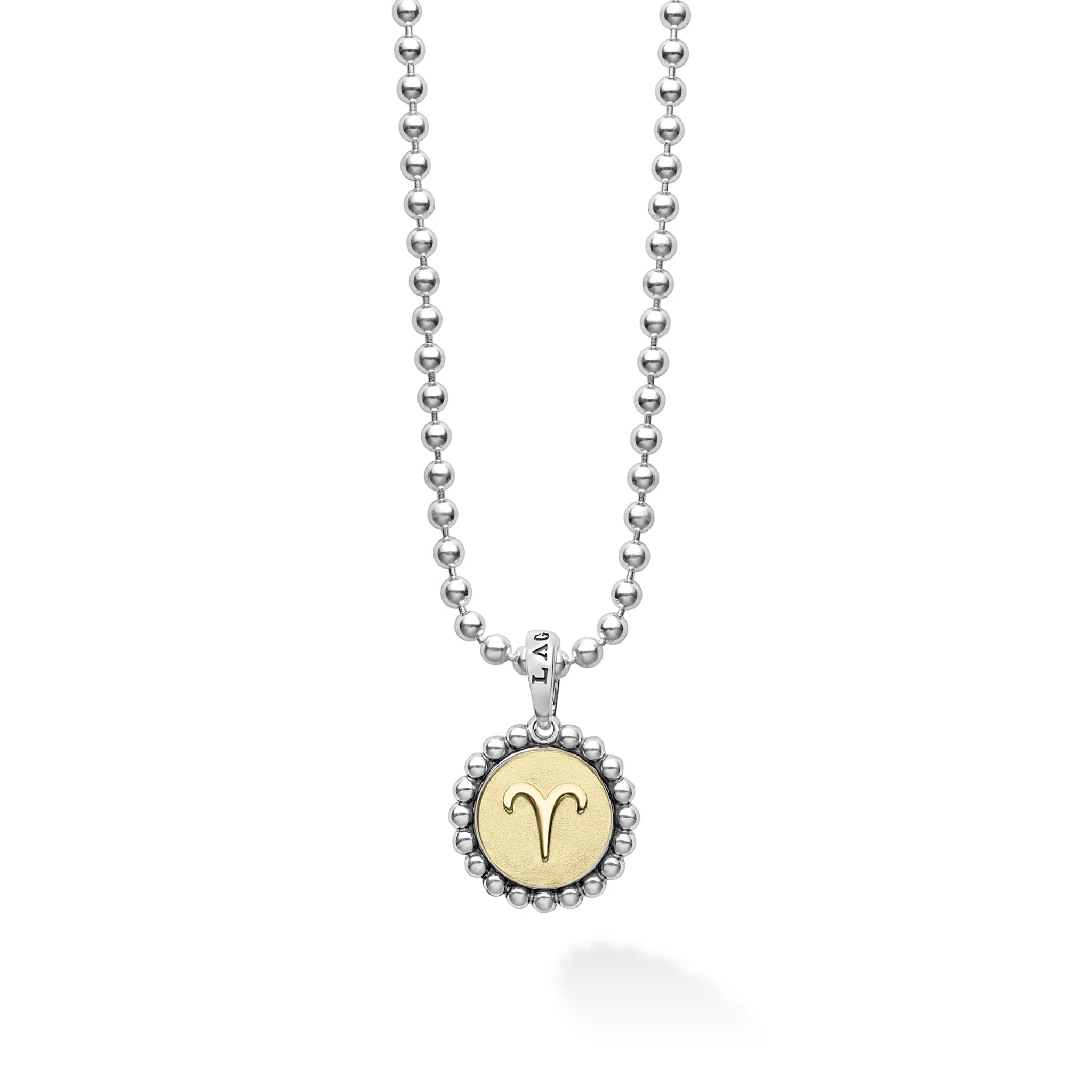 Our Signature Caviar sterling silver and 18K gold Aries charm finished on a sterling silver ball chain necklace. This zodiac charm represents birthdays from March 21 to April 19.