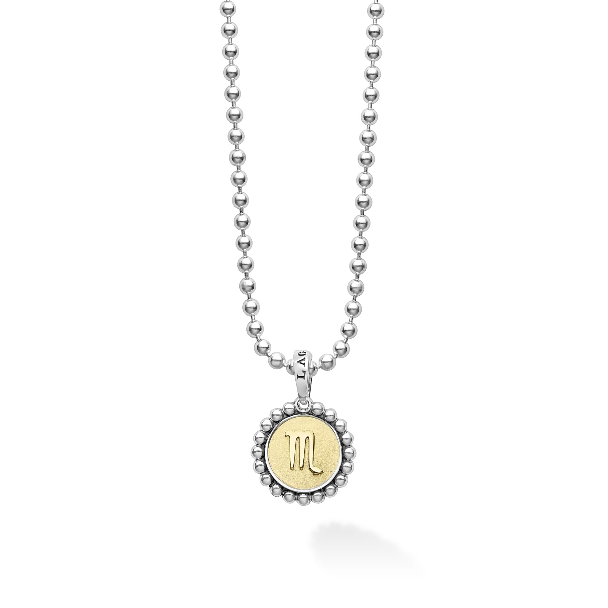 Our Signature Caviar sterling silver and 18K gold Scorpio charm finished on a sterling silver ball chain necklace. This zodiac charm represents birthdays from October 23 to November 21.