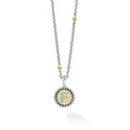 Our Signature Caviar sterling silver and 18K gold initial 'F' diamond charm finished on a sterling silver and 18K gold Caviar beaded necklace.