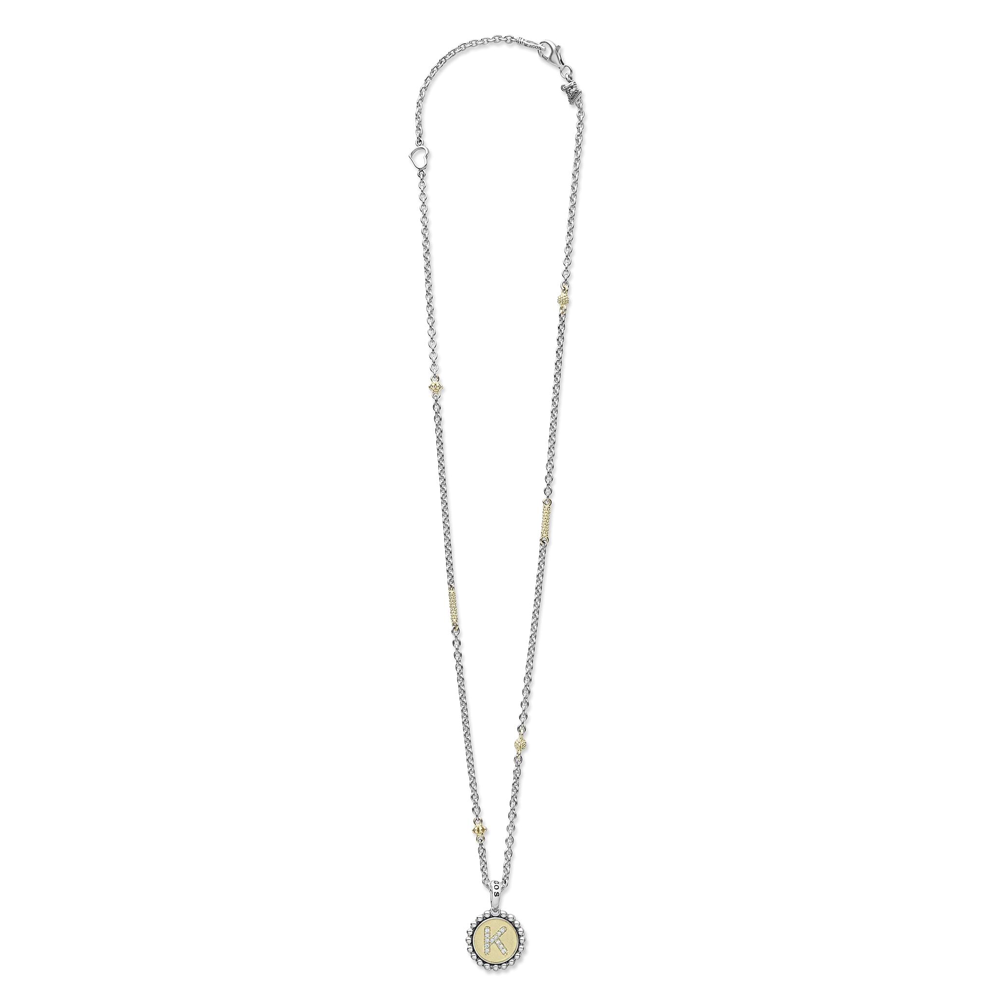 Signature Caviar K Initial Diamond Charm Necklace with sterling silver, 18K gold accents, a K initial charm on a caviar beaded chain, showcasing elegant craftsmanship.
