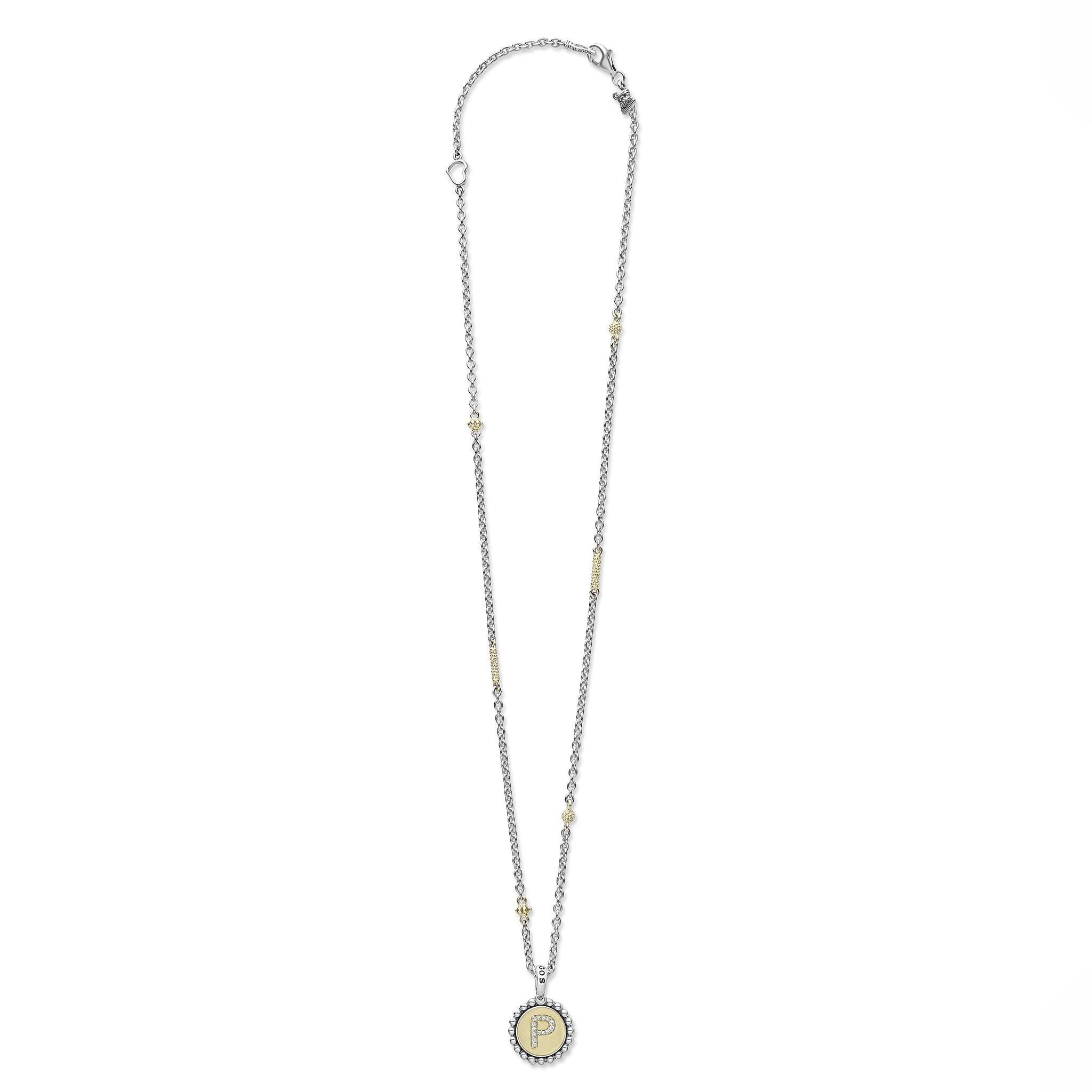 Signature Caviar P Initial Diamond Charm Necklace features a sterling silver chain with caviar beading, 18K gold accents, and a crystal-embellished P pendant.