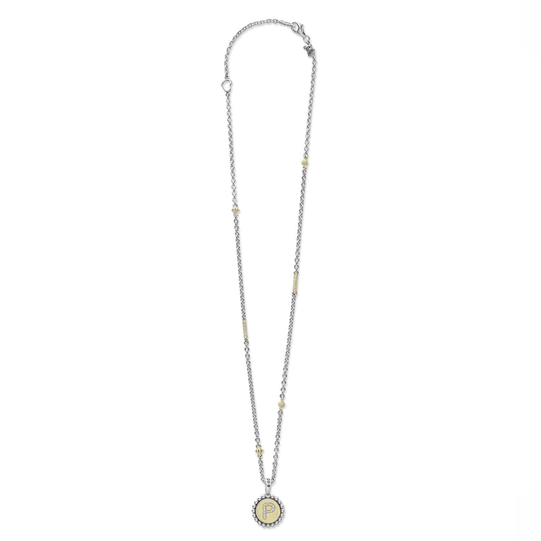 Signature Caviar P Initial Diamond Charm Necklace features a sterling silver chain with caviar beading, 18K gold accents, and a crystal-embellished P pendant.