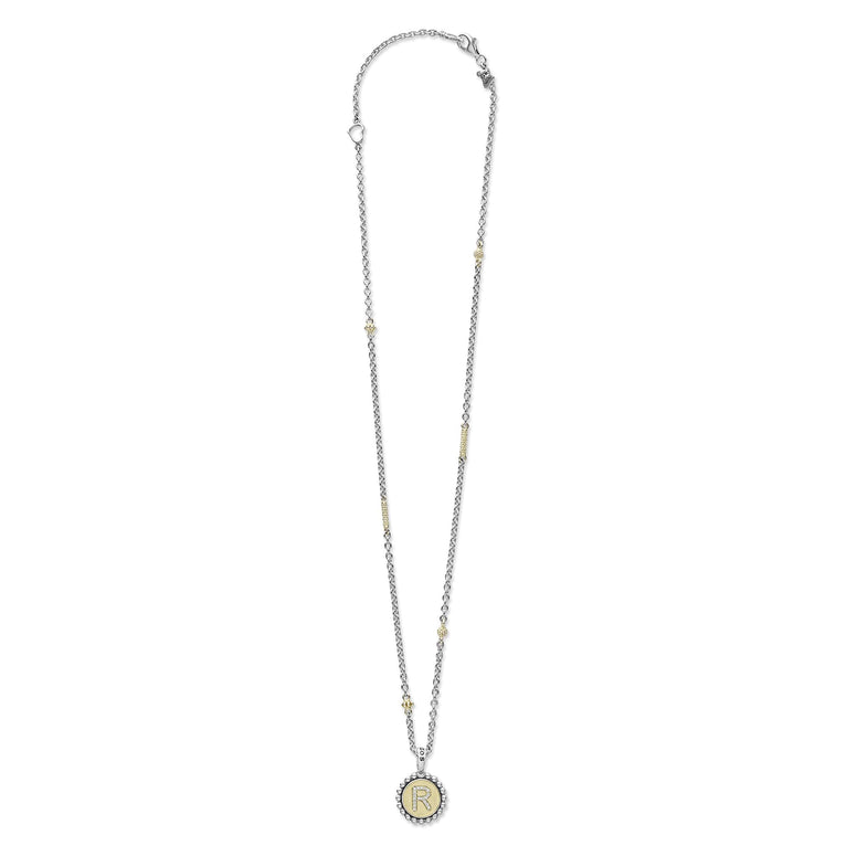 Signature Caviar R Initial Diamond Charm Necklace with sterling silver chain, 18K gold accents, and a diamond-accented R pendant with caviar beading.