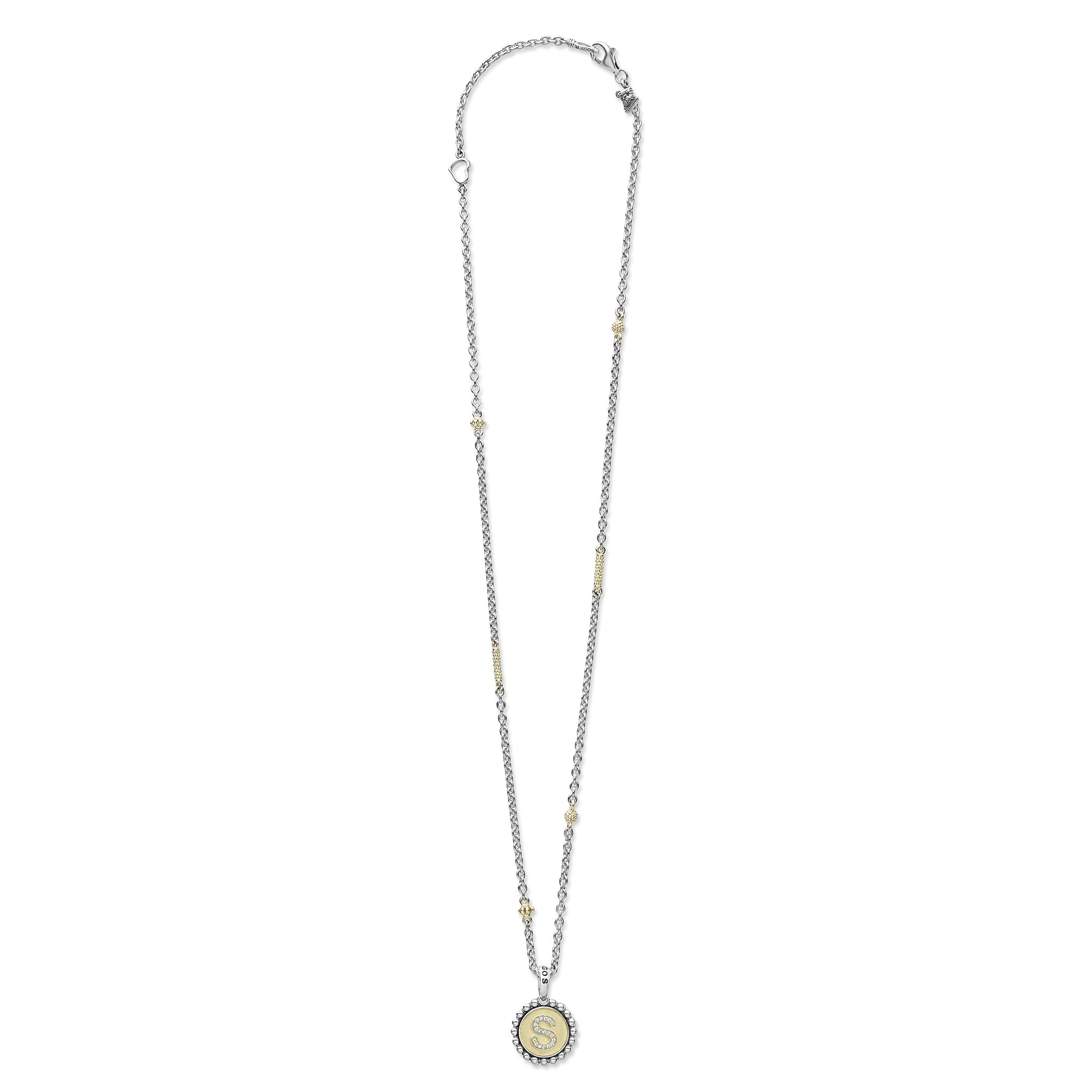 Signature Caviar S Initial Diamond Charm Necklace with sterling silver and 18K gold, featuring a crystal-accented S pendant on a caviar beaded chain.