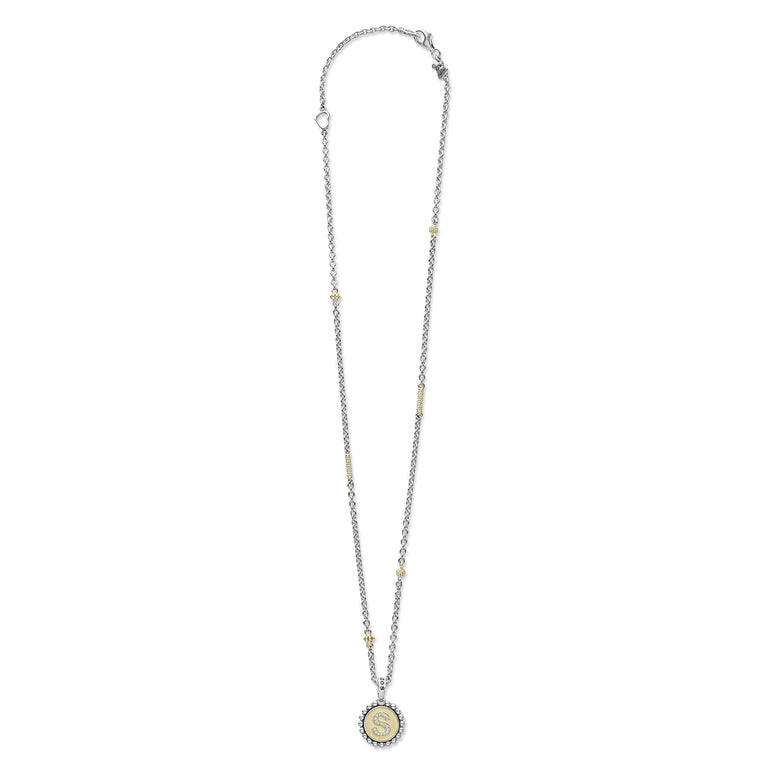 Signature Caviar S Initial Diamond Charm Necklace with sterling silver and 18K gold, featuring a crystal-accented S pendant on a caviar beaded chain.