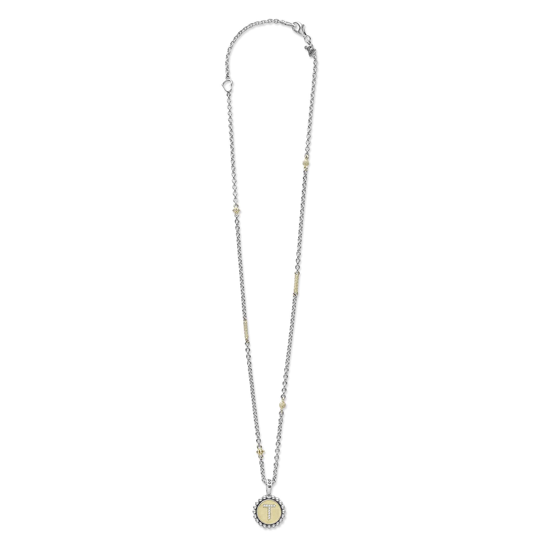 Signature Caviar T Initial Diamond Charm Necklace features a sterling silver chain with 18K gold accents and a diamond-studded T on a caviar beaded pendant.
