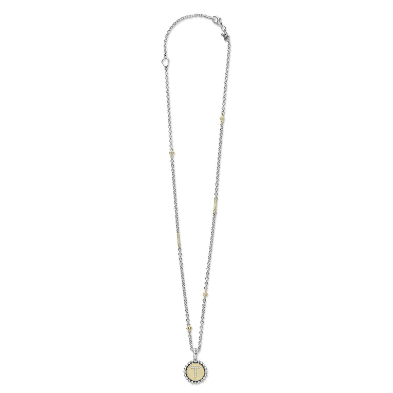 Signature Caviar T Initial Diamond Charm Necklace features a sterling silver chain with 18K gold accents and a diamond-studded T on a caviar beaded pendant.