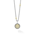 Signature Caviar U Initial Diamond Charm Necklace: Sterling silver and 18K gold pendant with crystal U, caviar beading on chain, showcasing LAGOS's elegance and craftsmanship.