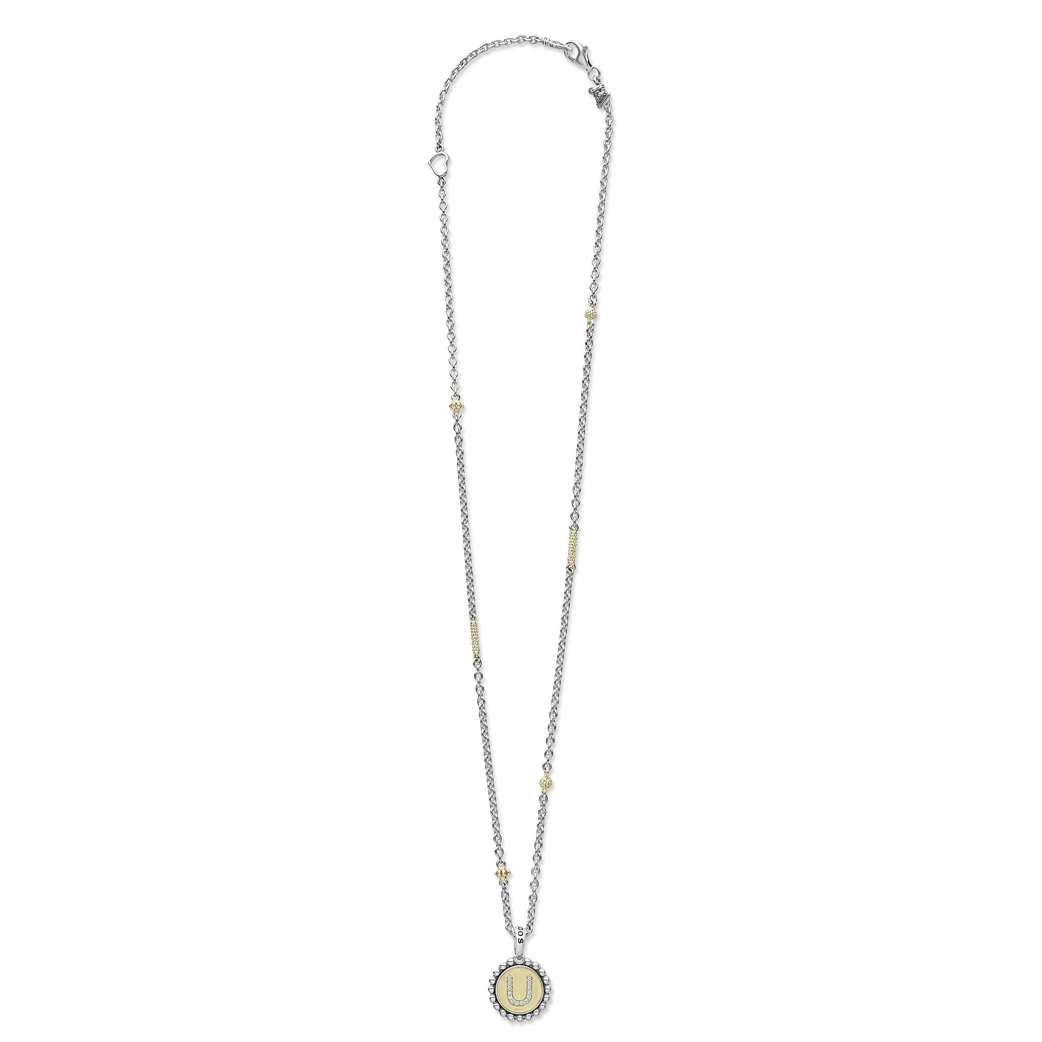 Signature Caviar U Initial Diamond Charm Necklace in sterling silver and 18K gold, featuring diamond-accented U charm on a caviar beaded chain with heart link.