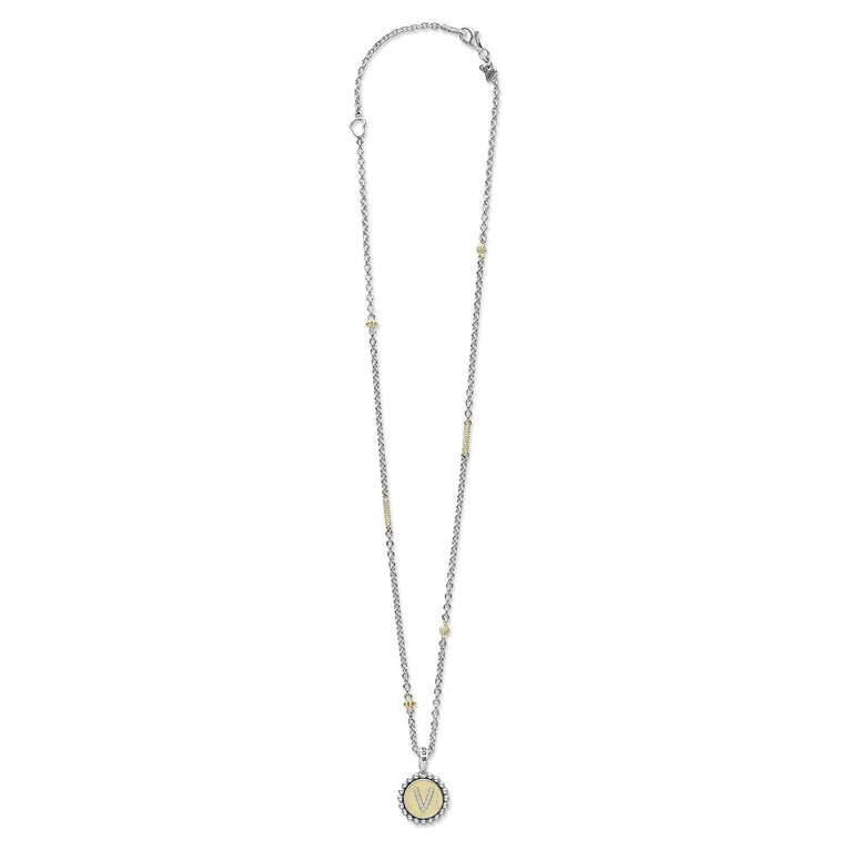 Signature Caviar V Initial Diamond Charm Necklace: sterling silver chain with 18K gold bead accents, V pavé stone pendant, showcasing LAGOS' elegant craftsmanship.