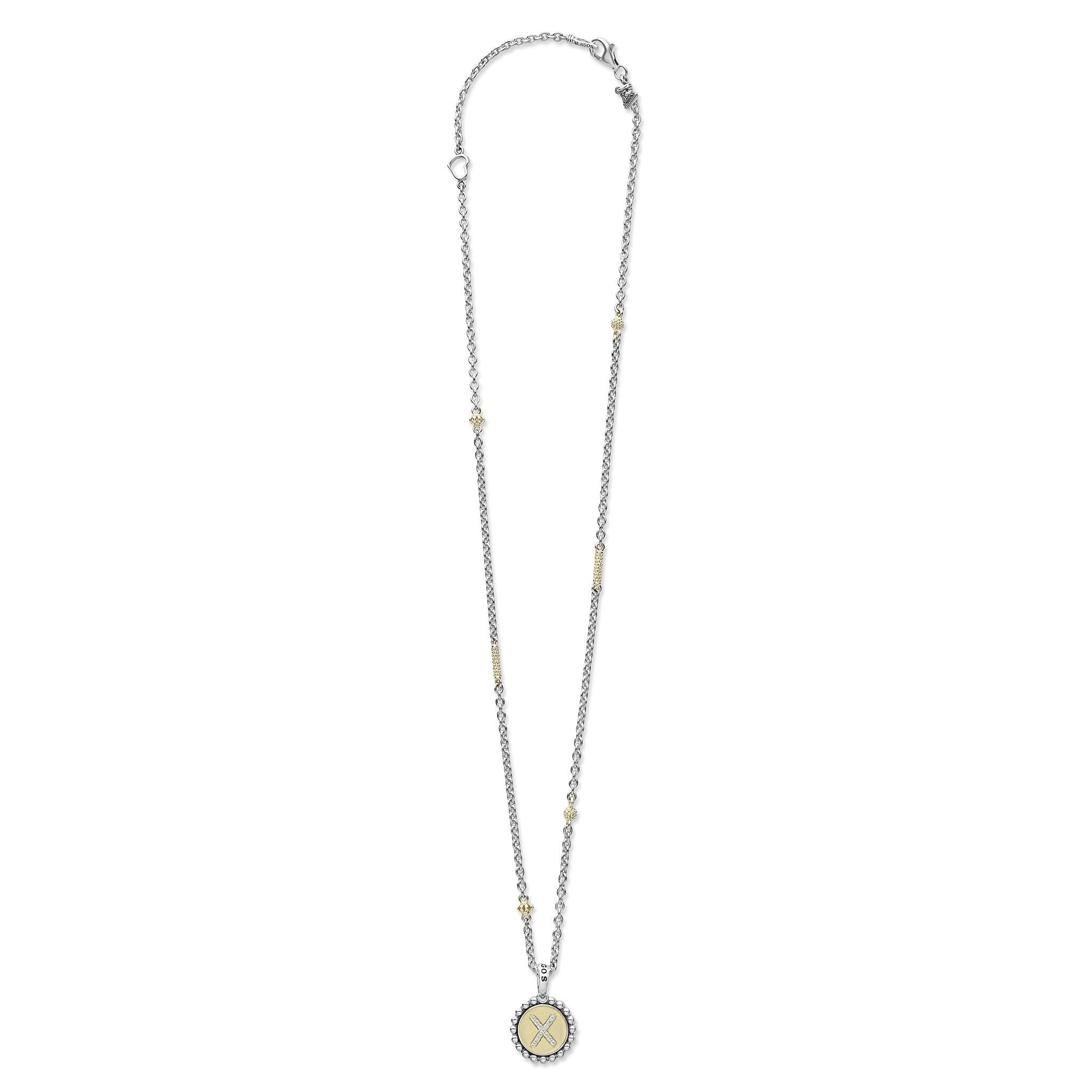 Signature Caviar X Initial Diamond Charm Necklace: Sterling silver chain with caviar beading, 18K gold pendant featuring a diamond-accented X motif.