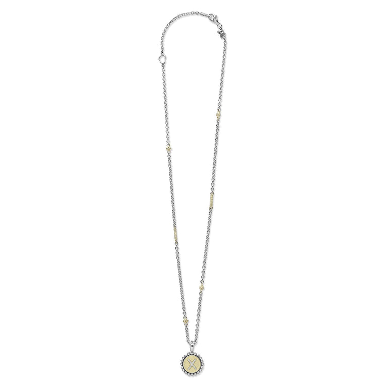 Signature Caviar X Initial Diamond Charm Necklace: Sterling silver chain with caviar beading, 18K gold pendant featuring a diamond-accented X motif.