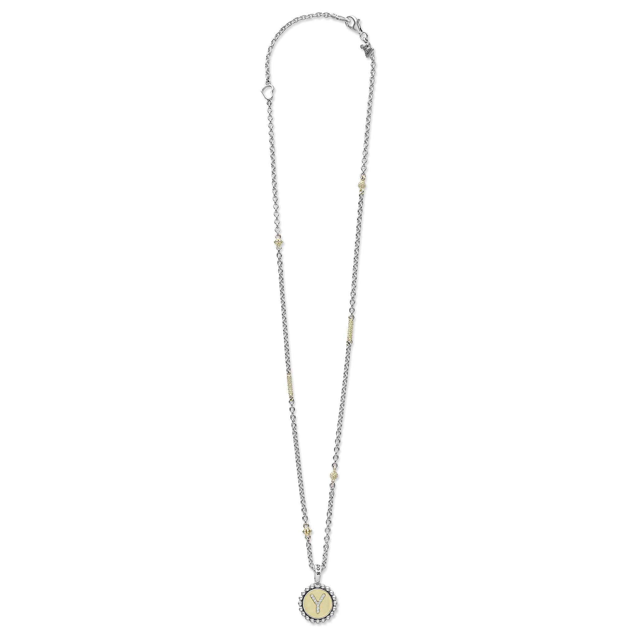 Signature Caviar Y Initial Diamond Charm Necklace featuring a sterling silver chain with 18K gold bead accents, and a Y initial medallion with crystal stones.