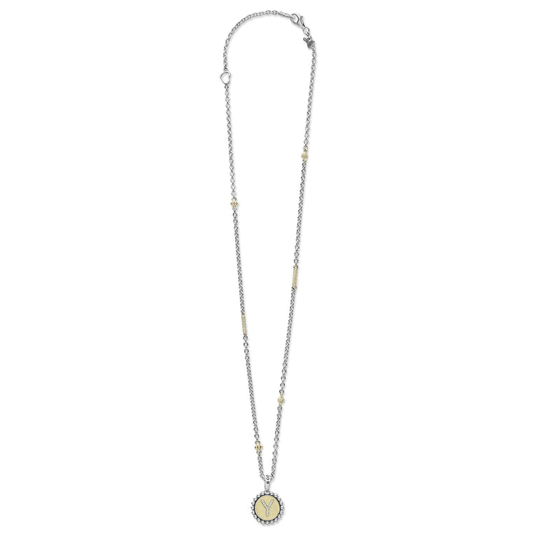 Signature Caviar Y Initial Diamond Charm Necklace featuring a sterling silver chain with 18K gold bead accents, and a Y initial medallion with crystal stones.
