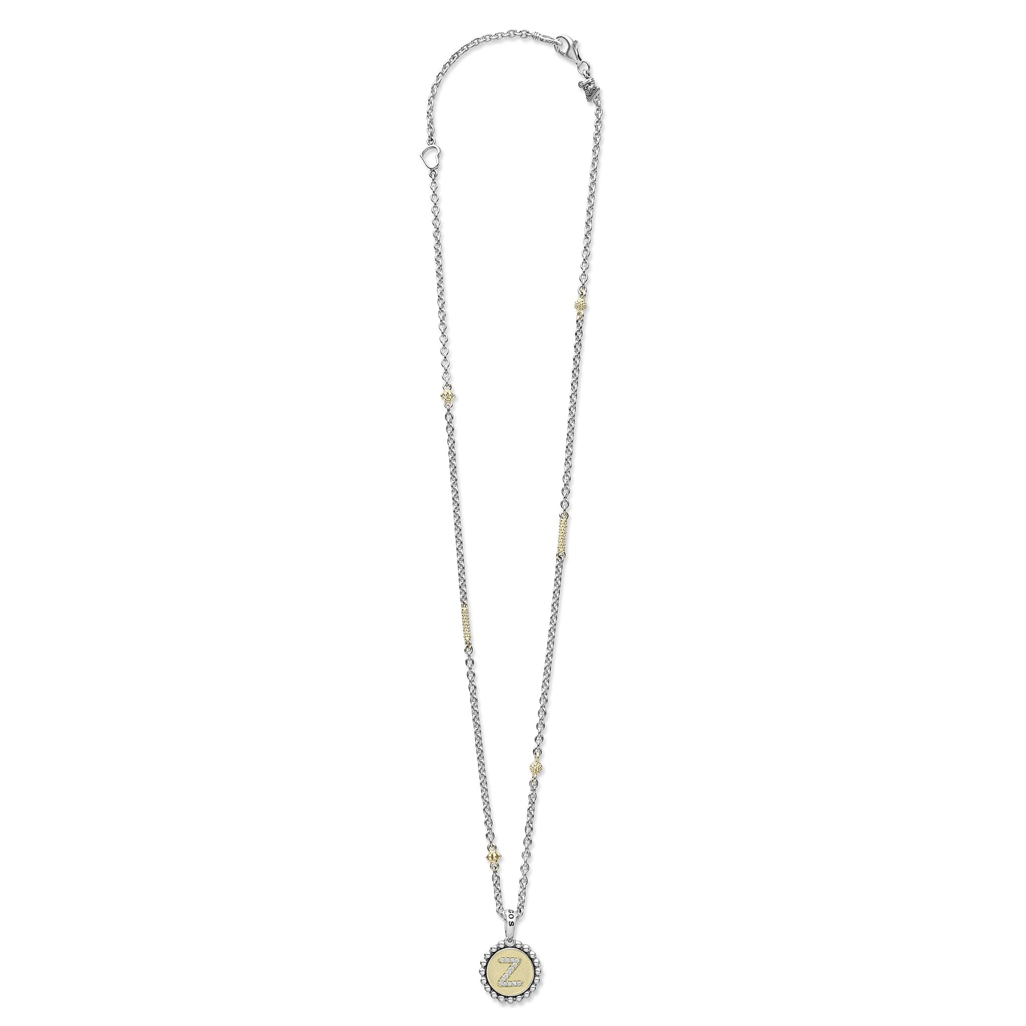 Signature Caviar Z Initial Diamond Charm Necklace features sterling silver and 18K gold, with a crystal-encrusted Z pendant and caviar beading on a delicate chain.