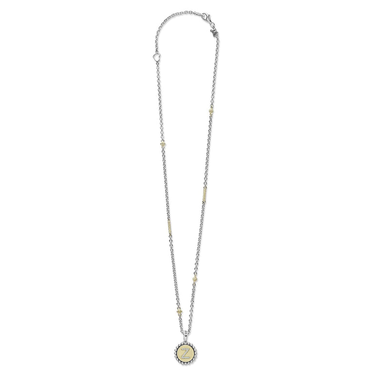 Signature Caviar Z Initial Diamond Charm Necklace features sterling silver and 18K gold, with a crystal-encrusted Z pendant and caviar beading on a delicate chain.