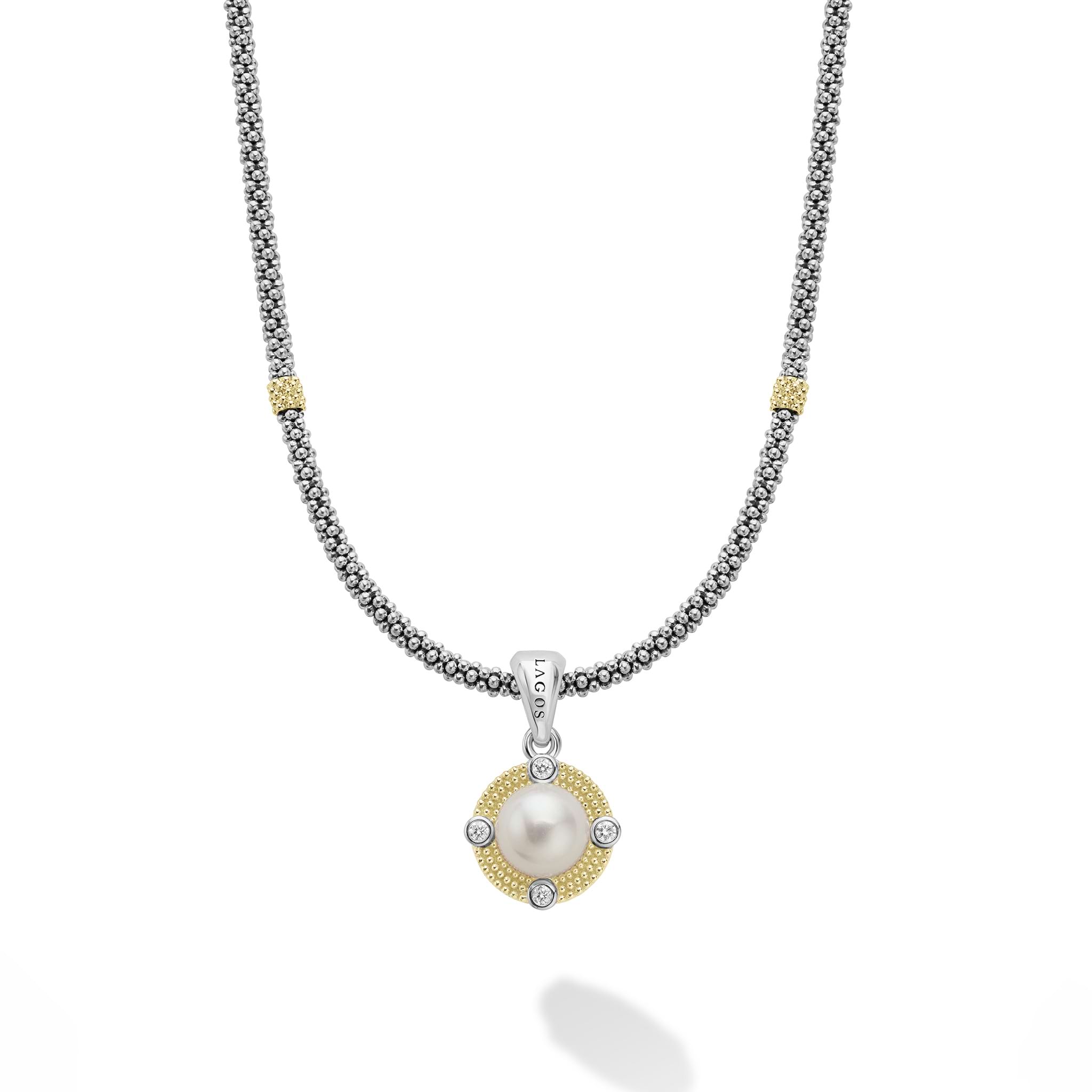 A freshwater cultured pearl surrounded by diamonds and smooth sterling silver Caviar beading and 18K gold stations forms this necklace. LAGOS diamonds are the highest quality natural stones. Length offered in 16 inches and 18 inches.