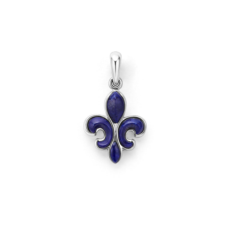 Lapis and sterling silver form this Fleur De Lis amulet.