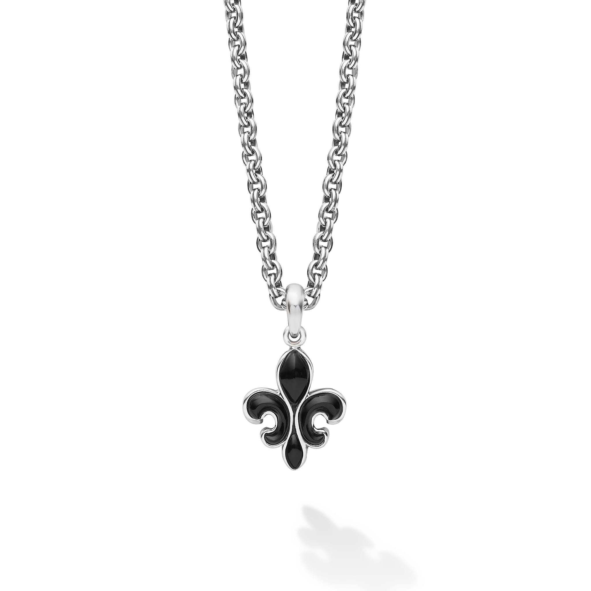 Black agate gemstone and sterling silver form this Fleur De Lis amulet. Finished on a 3mm double link chain necklace.