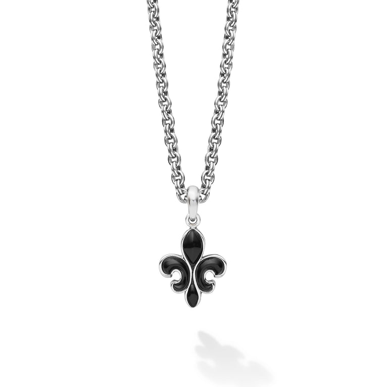 Black agate gemstone and sterling silver form this Fleur De Lis amulet. Finished on a 3mm double link chain necklace.