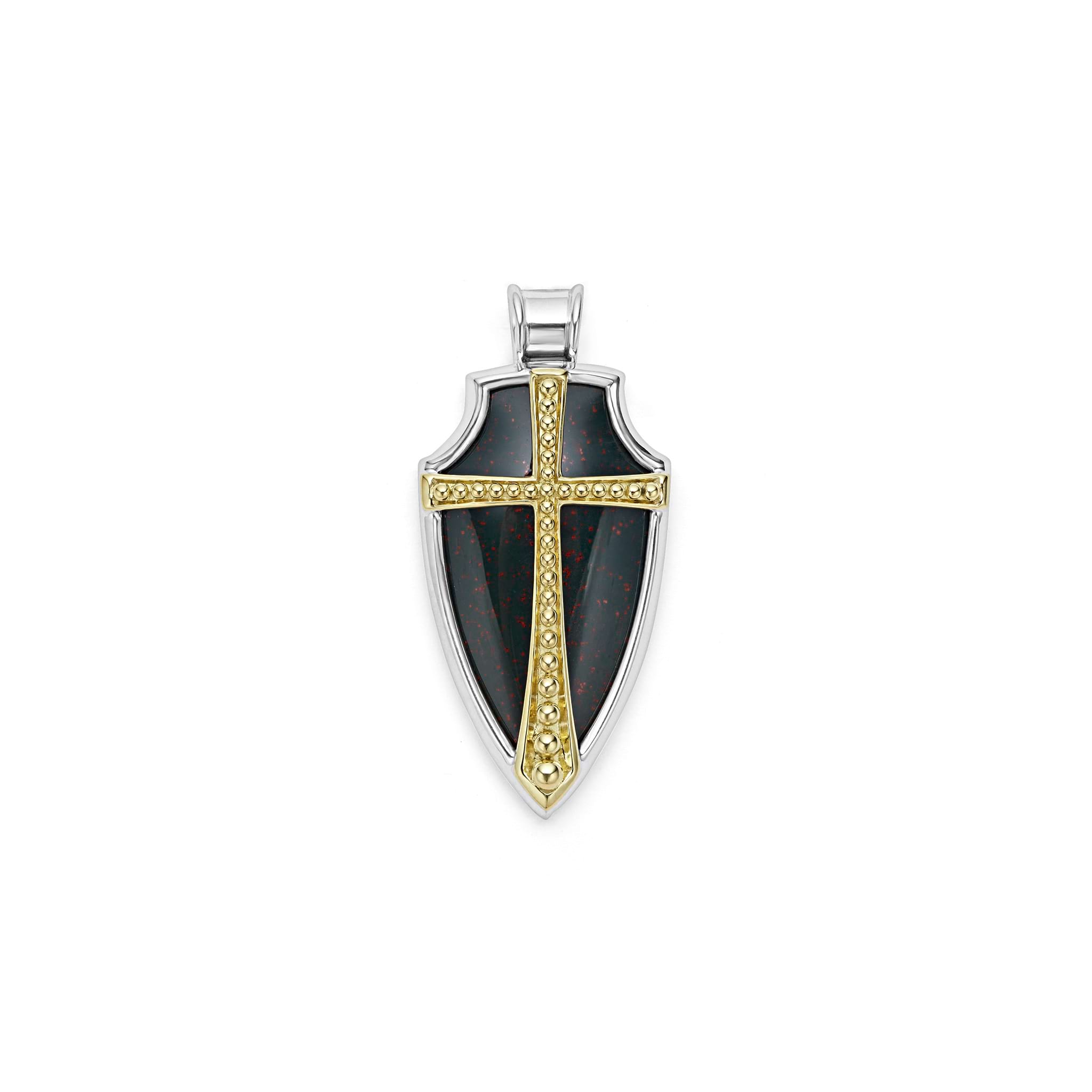 Bloodstone gemstone accented by sterling silver and 18K gold Caviar beading form this shield amulet.