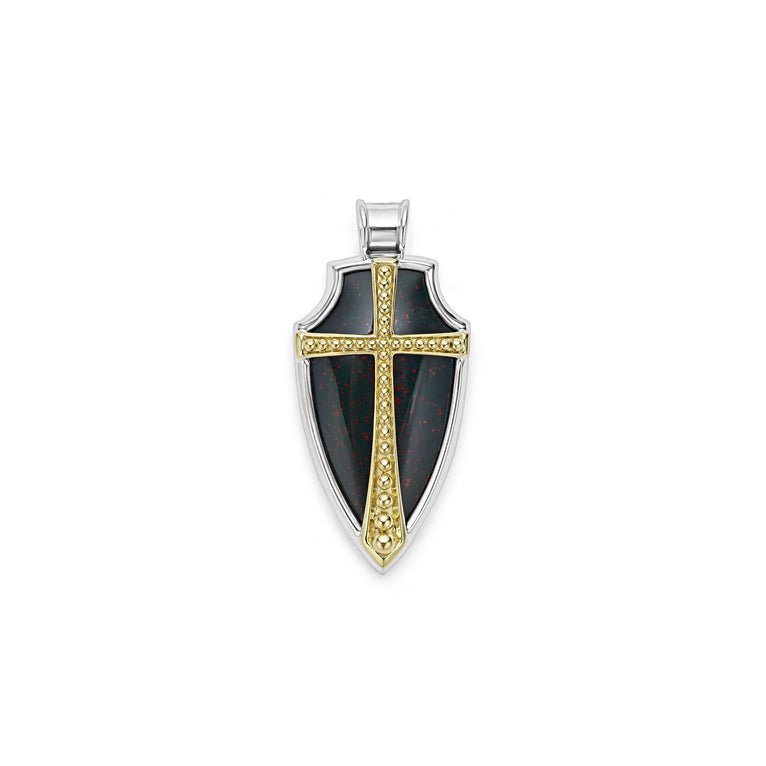 Bloodstone gemstone accented by sterling silver and 18K gold Caviar beading form this shield amulet.