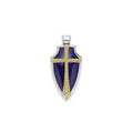 Lapis gemstone accented by sterling silver and 18K gold Caviar beading form this shield amulet.