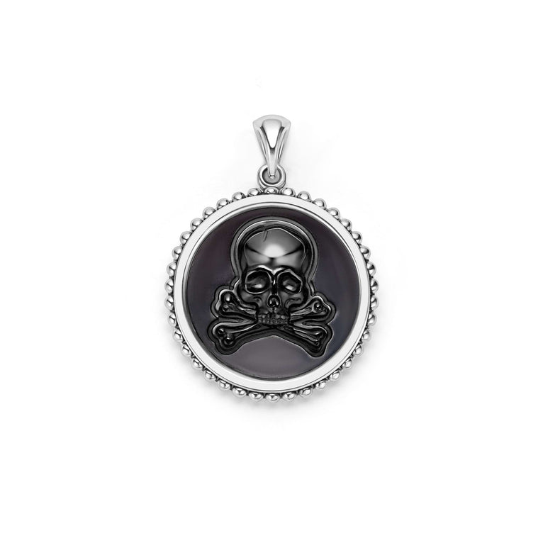 Black agate gemstone surrounded by sterling silver Caviar beading form this crossbone emblem amulet.