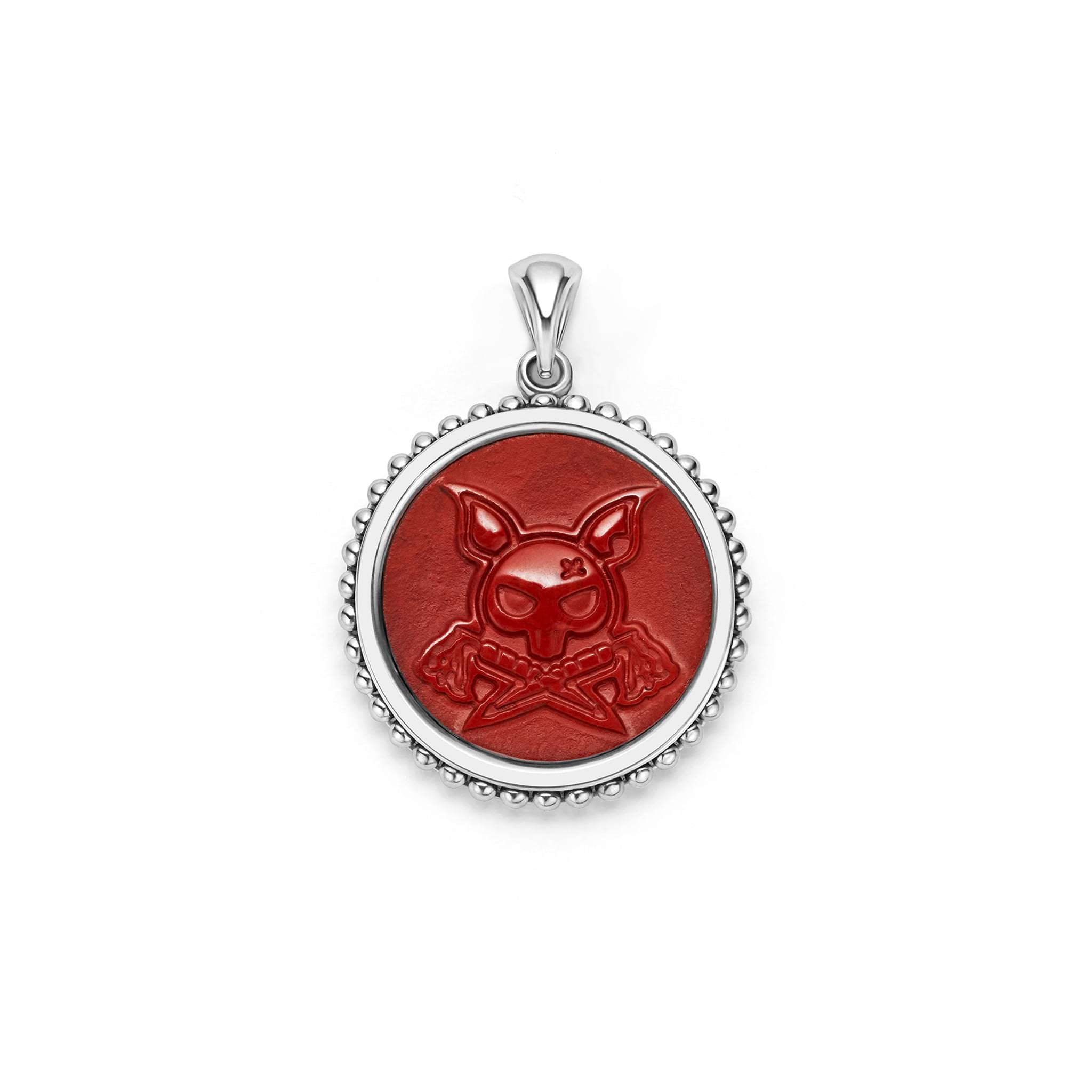 Red jasper gemstone surrounded by sterling silver Caviar beading form this krunch emblem amulet.