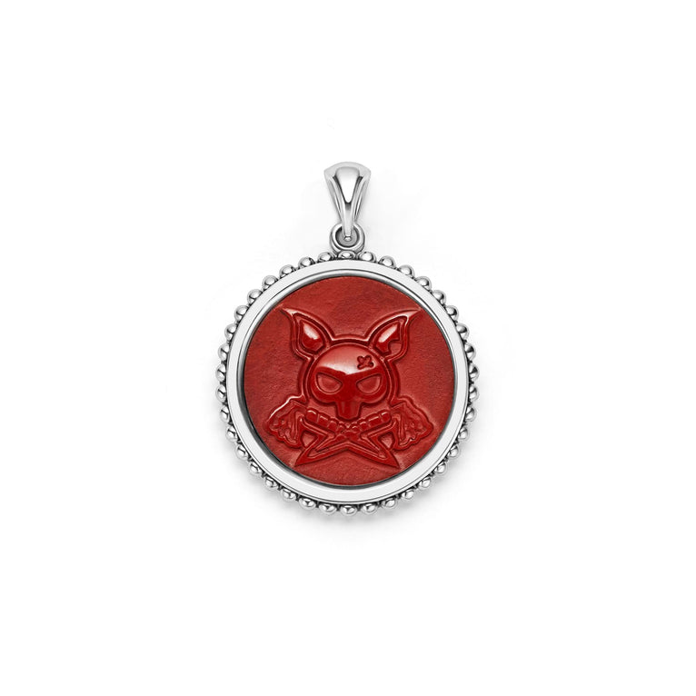 Red jasper gemstone surrounded by sterling silver Caviar beading form this krunch emblem amulet.