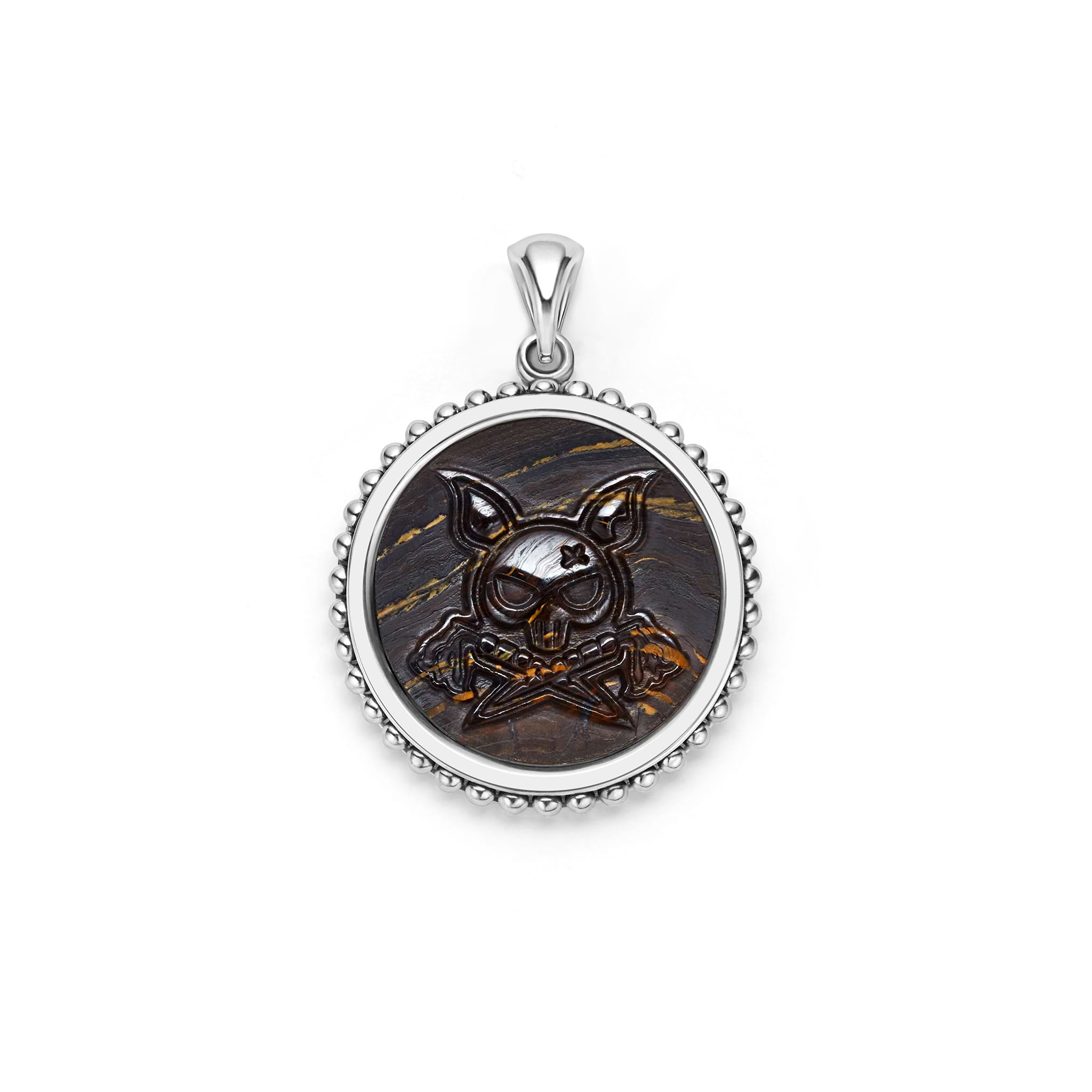 Tiger iron gemstone surrounded by sterling silver Caviar beading form this krunch emblem amulet.