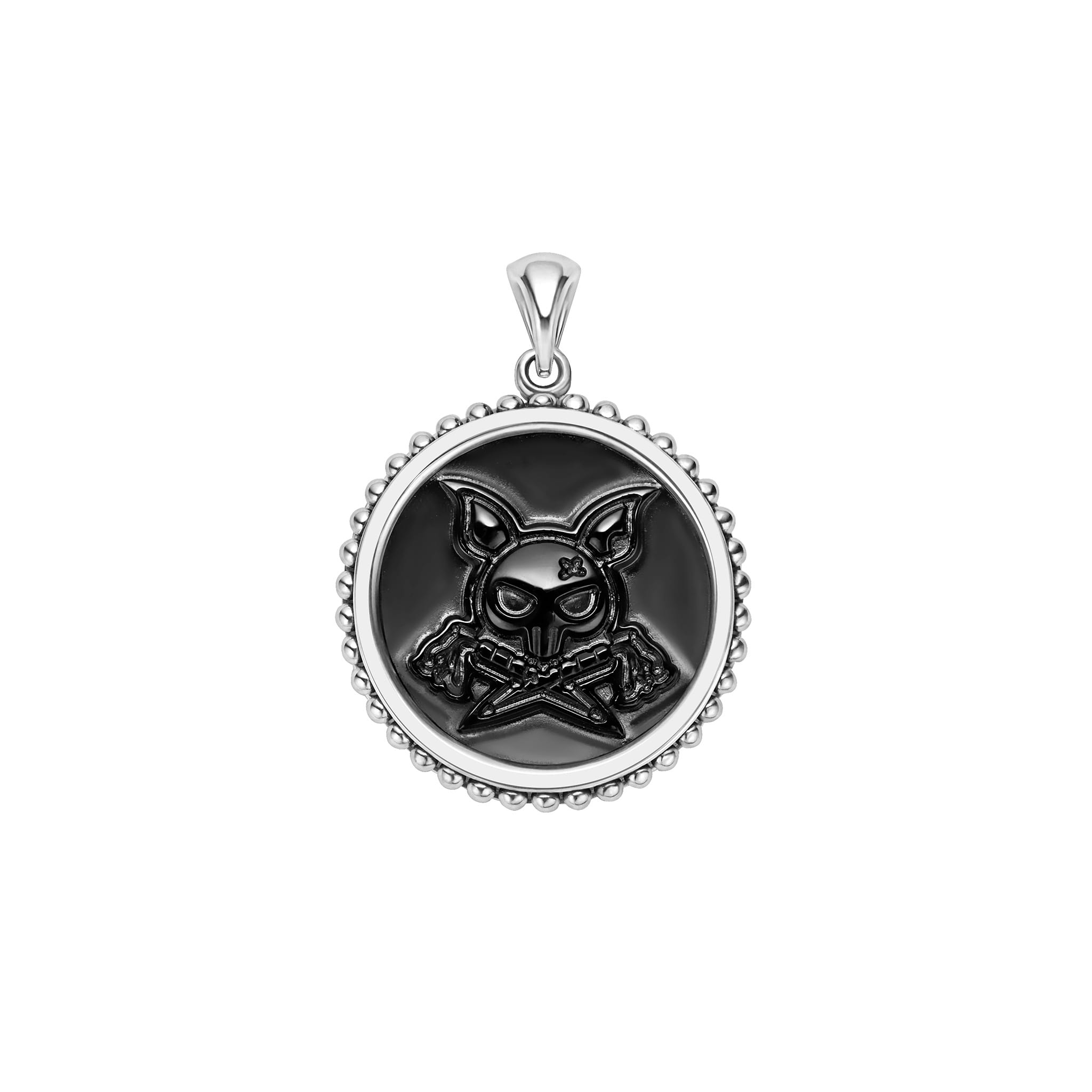 Black agate gemstone surrounded by sterling silver Caviar beading form this krunch emblem amulet.