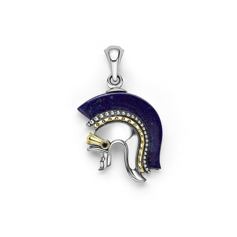 Lapis gemstone, sterling silver and smooth 18K gold form this spartan helmet amulet.