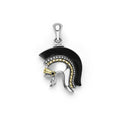 Rich black agate gemstone, sterling silver and smooth 18K gold form this spartan helmet amulet.