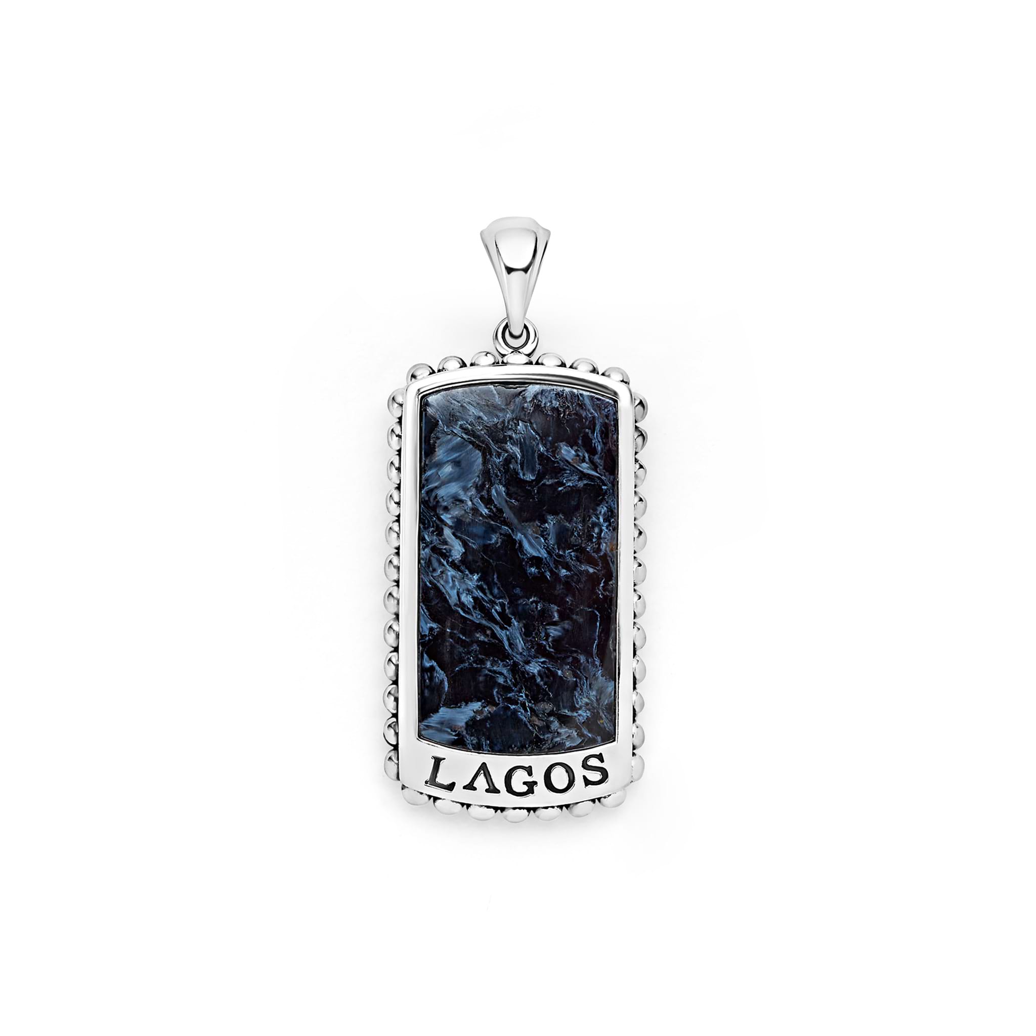 Pietersite accented by sterling silver Caviar beading forms this statement tag amulet featuring a Krunch emblem.