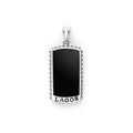 Black agate accented by sterling silver Caviar beading forms this statement tag amulet featuring a Krunch emblem.