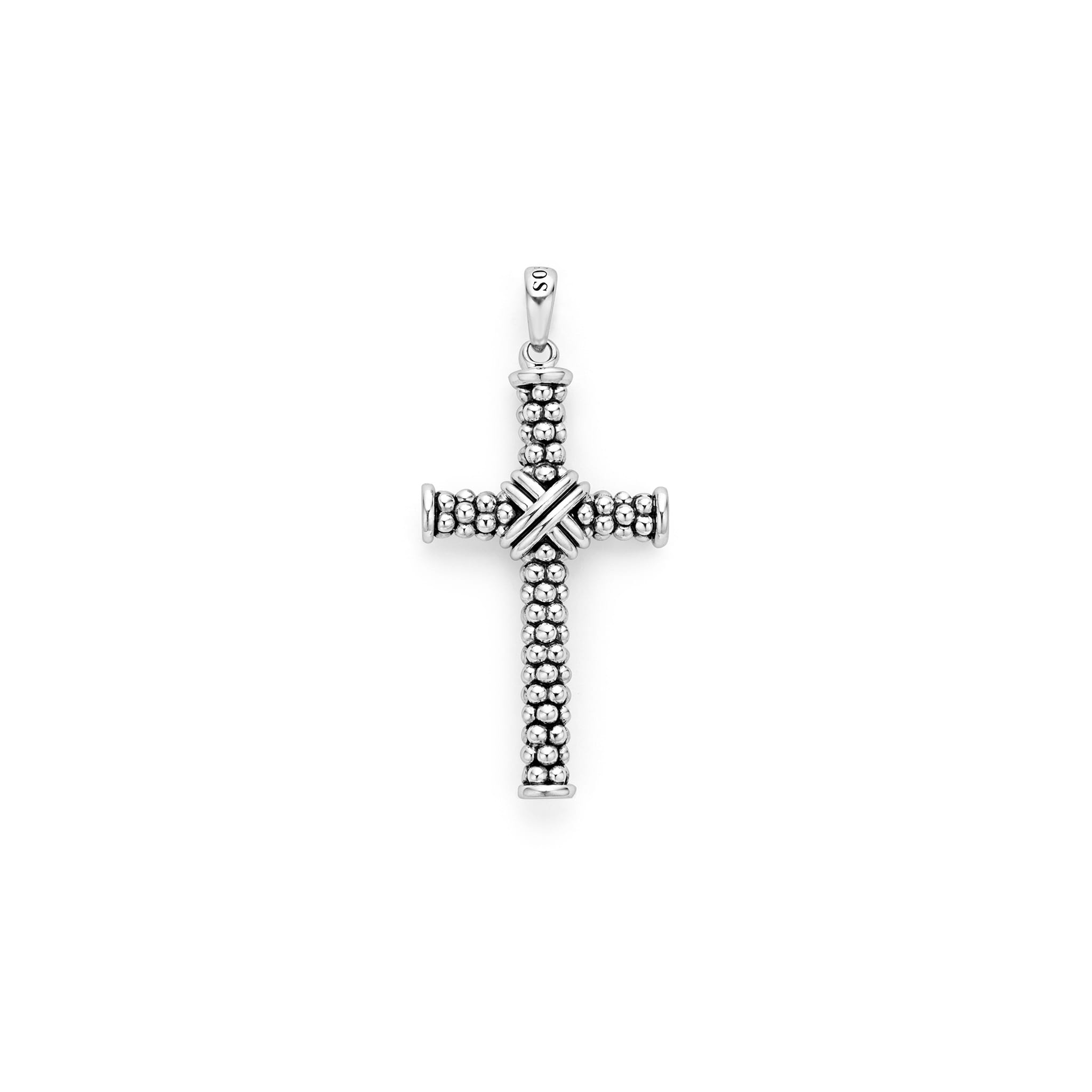 Smooth sterling silver Caviar beading forms this cross amulet.