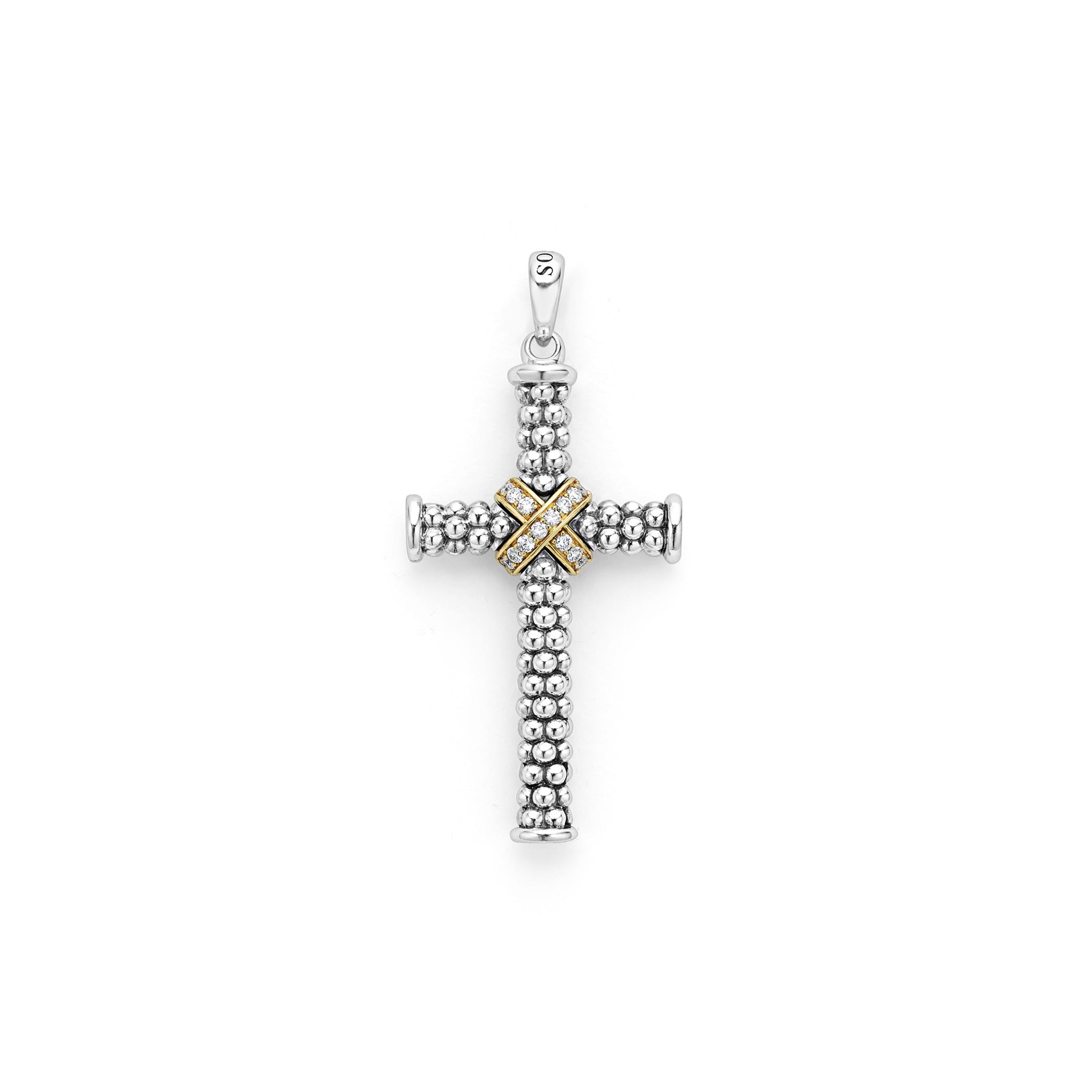 18K gold and diamonds surrounded by smooth sterling silver Caviar beading form this two tone cross amulet.