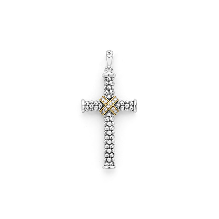 18K gold and diamonds surrounded by smooth sterling silver Caviar beading form this two tone cross amulet.