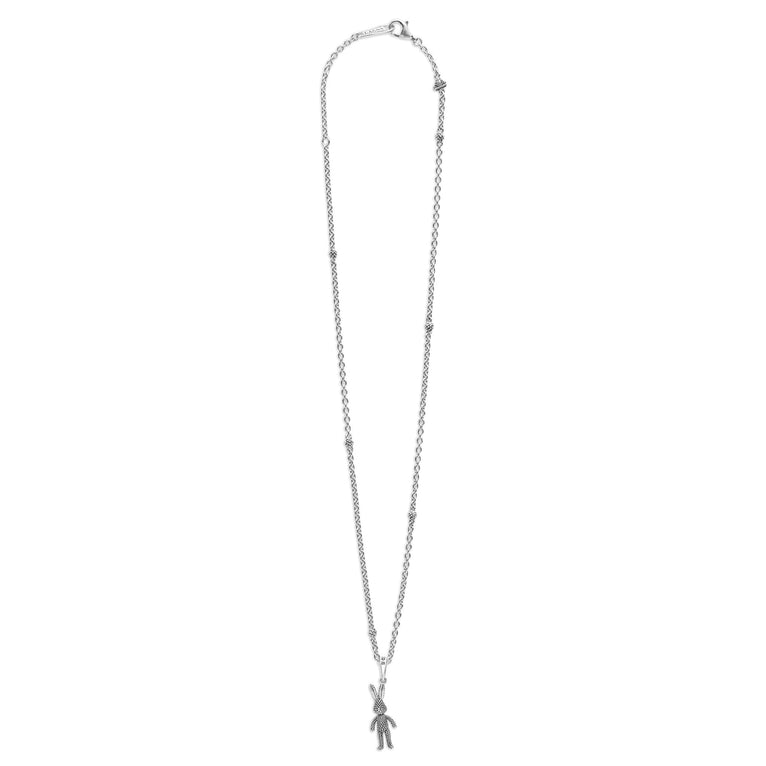 Rare Wonders Petite Silver Karat Pendant Necklace features a sterling silver chain with Caviar beading and a textured bunny charm, showcasing LAGOS' craftsmanship.
