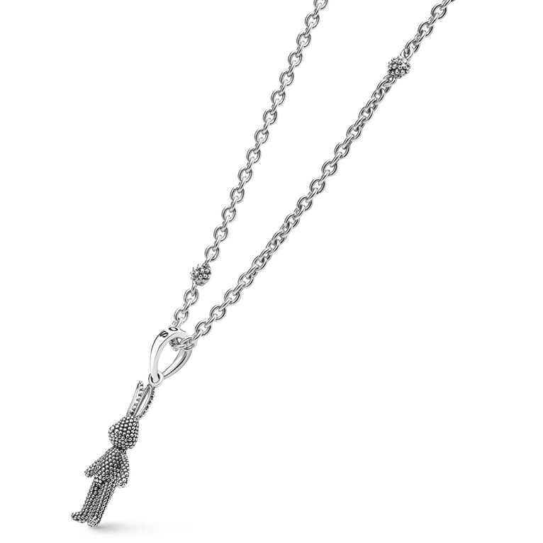 Rare Wonders Petite Silver Karat Pendant Necklace with a moving rabbit pendant and Caviar beading on a sterling silver chain, featuring a tassel drop.