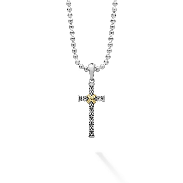 18K gold and sterling silver Caviar beading form this two tone cross amulet. Finished on a sterling silver ball chain necklace.
